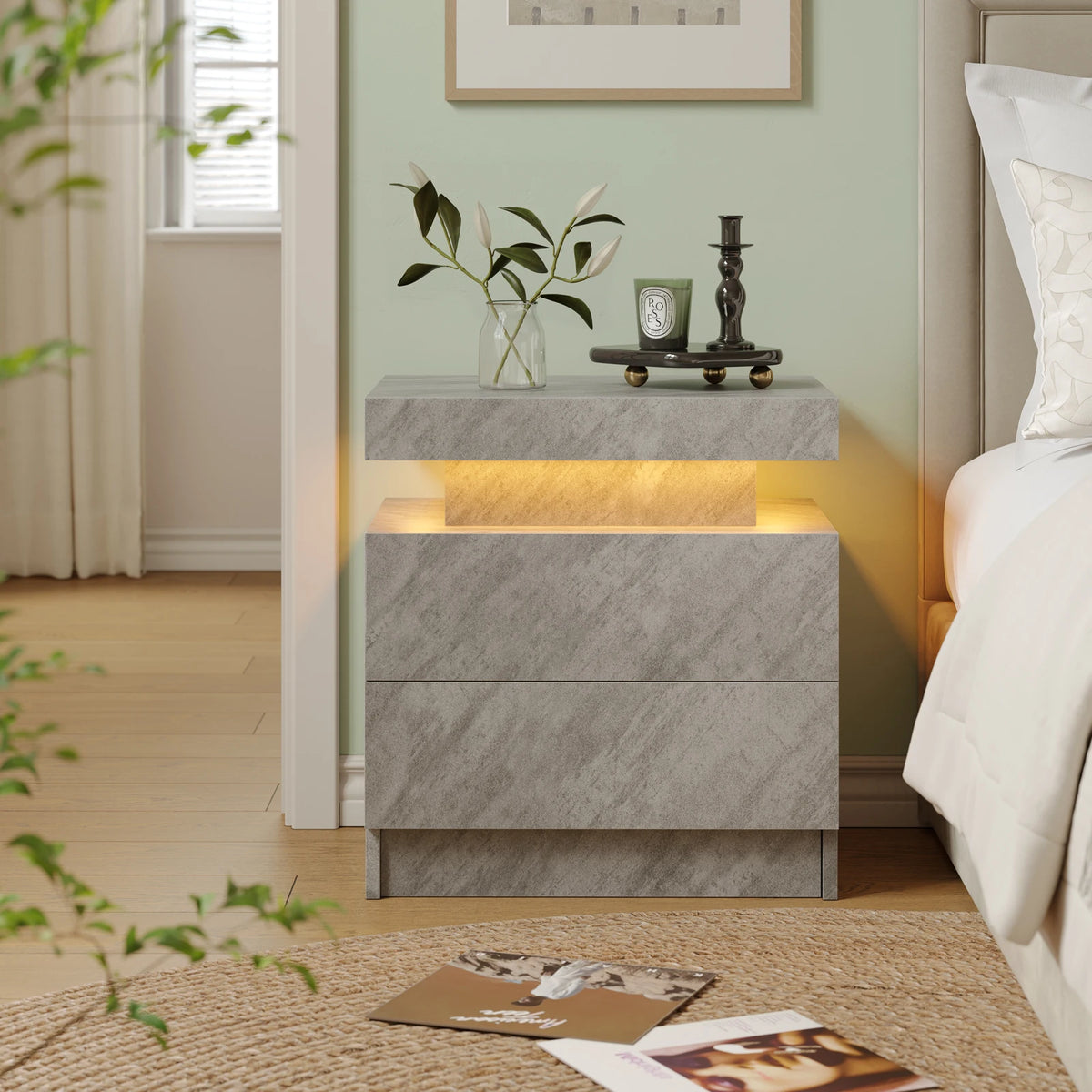 Cubehom LED Nightstand With Two Storage Drawers For Bedroom