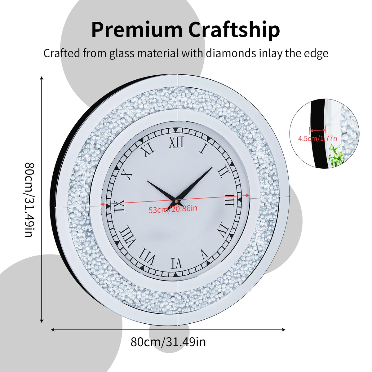 Elegant Round Mirror Wall Clock Featuring Sparkle Crystal Design