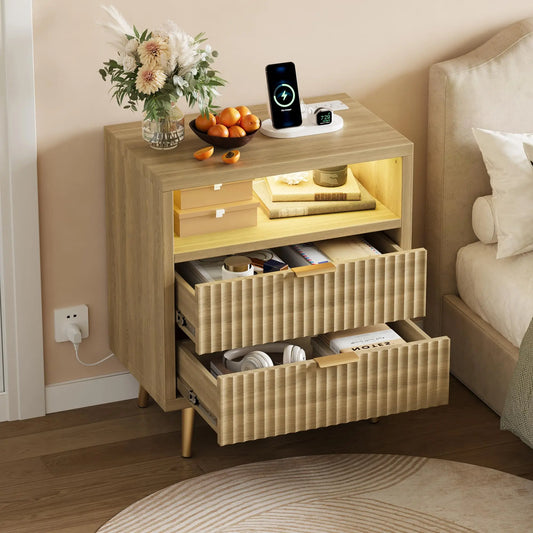 HiMISS Wooden Nightstand With Charging Station RGB LED Two Drawers