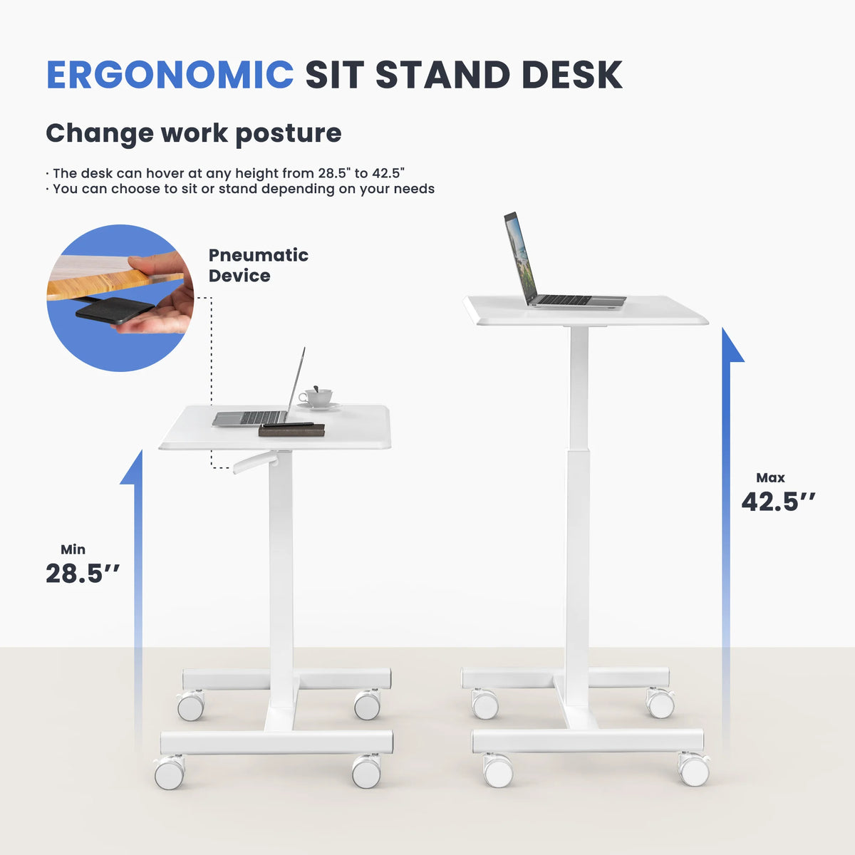 JHK Mobile Height Adjustable Standing Desk With Lockable Wheels