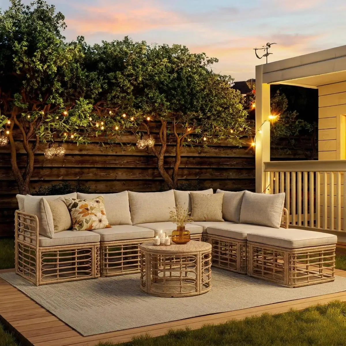 Outdoor Rattan Patio Sectional Sofa Set With Cushions And Pillows