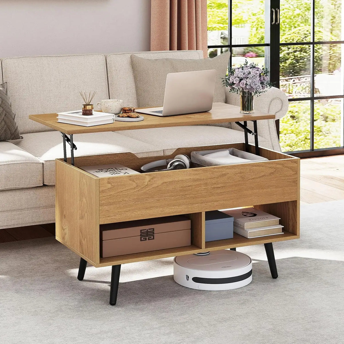 Desk Lift Top Coffee Table Featuring Hidden Compartment And Shelves