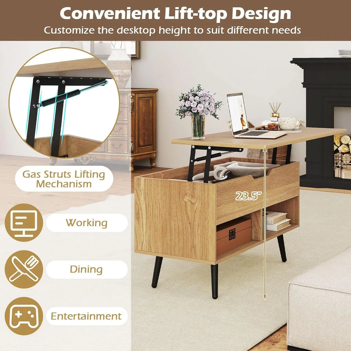 Desk Lift Top Coffee Table Featuring Hidden Compartment And Shelves