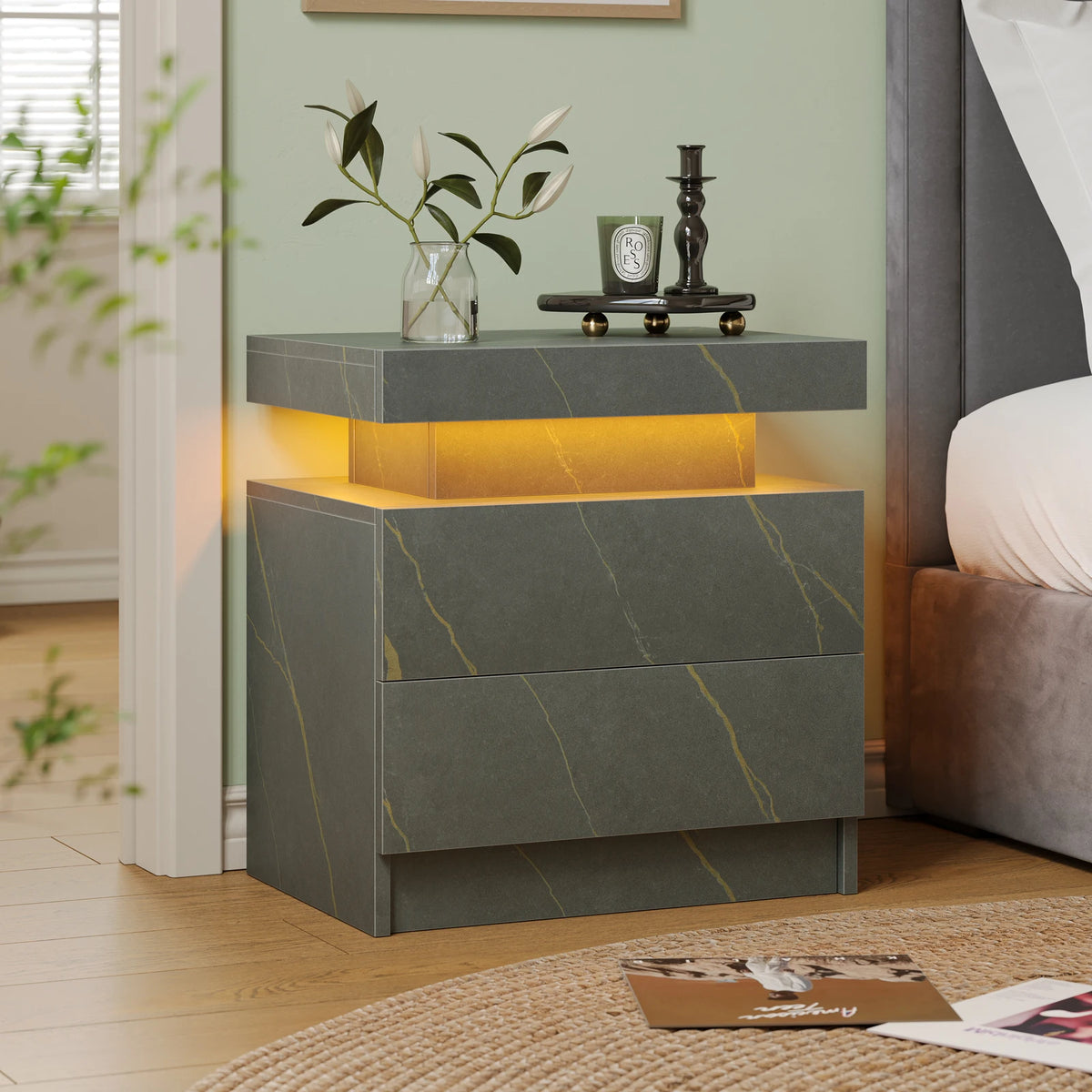 Cubehom LED Nightstand With Two Storage Drawers For Bedroom