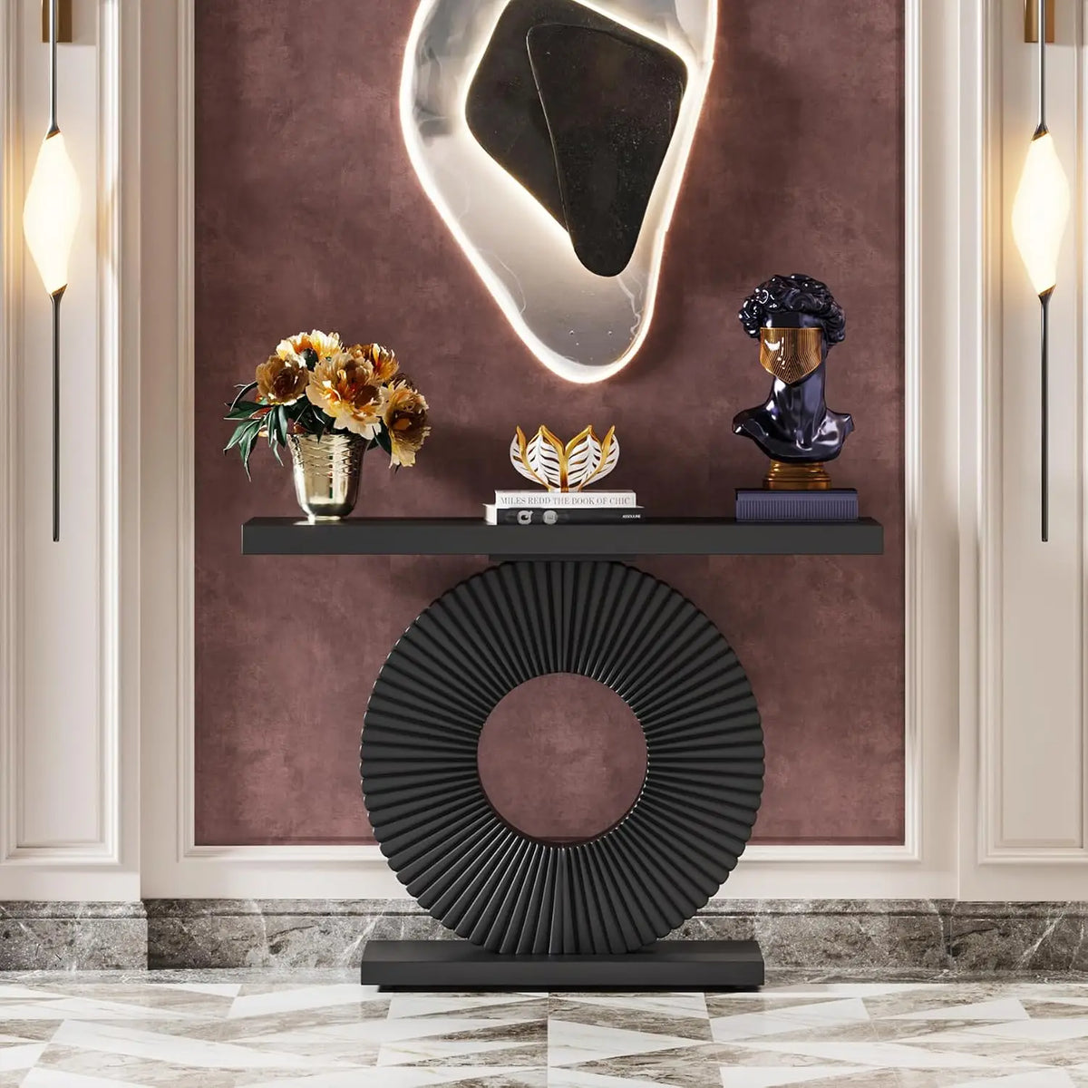 Modern Wood Console Table With Sculptural Geometric Base