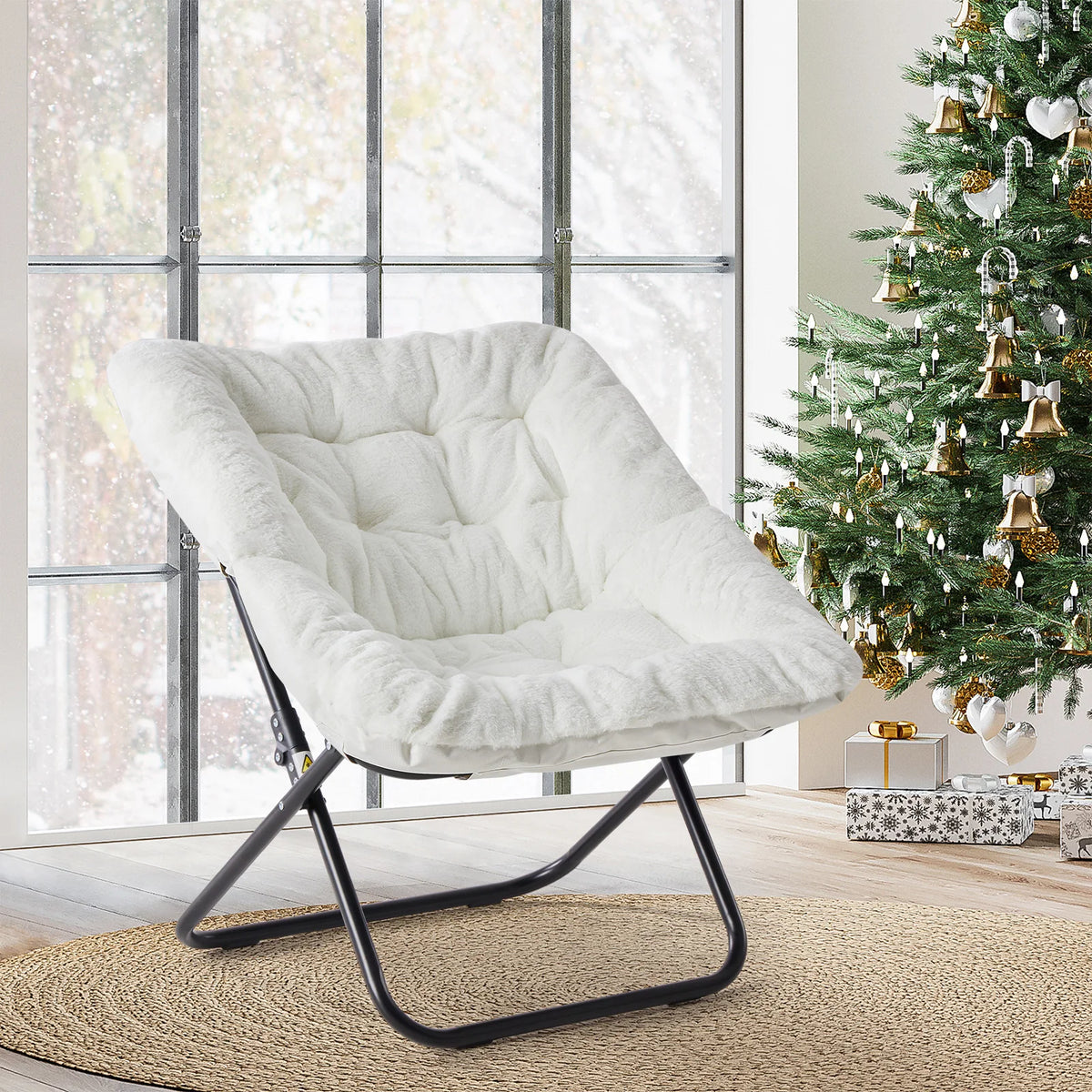 JHK Modern Folding Saucer Chair Rotatable Metal Frame Fabric