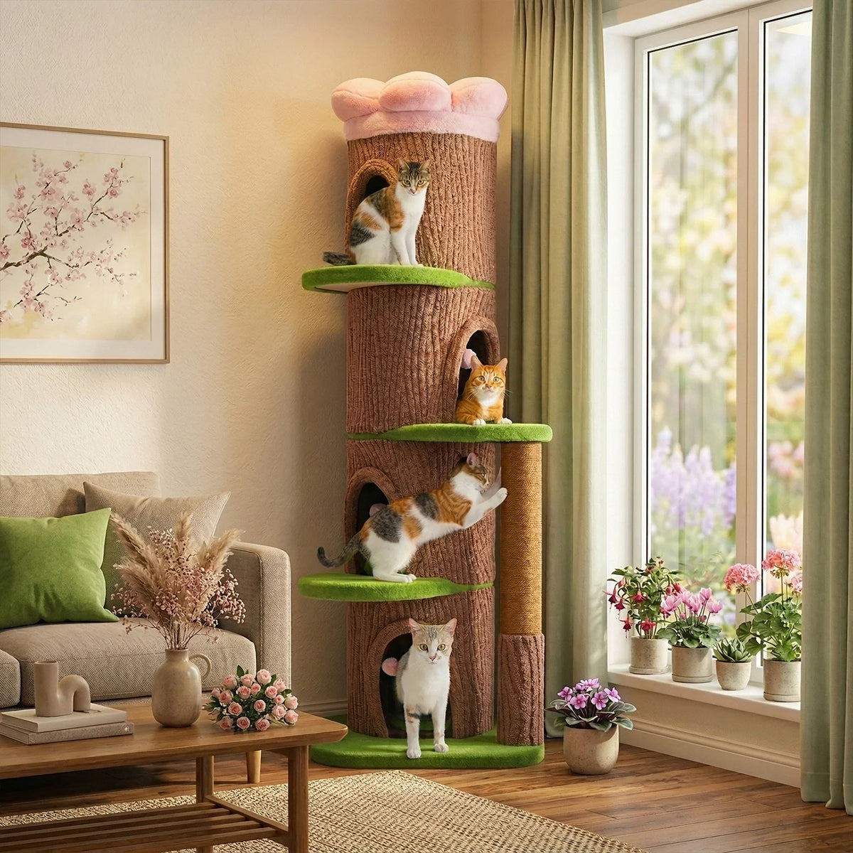P Sophisticated Cat Tower Featuring 4 Spacious Flower-Topped Condos