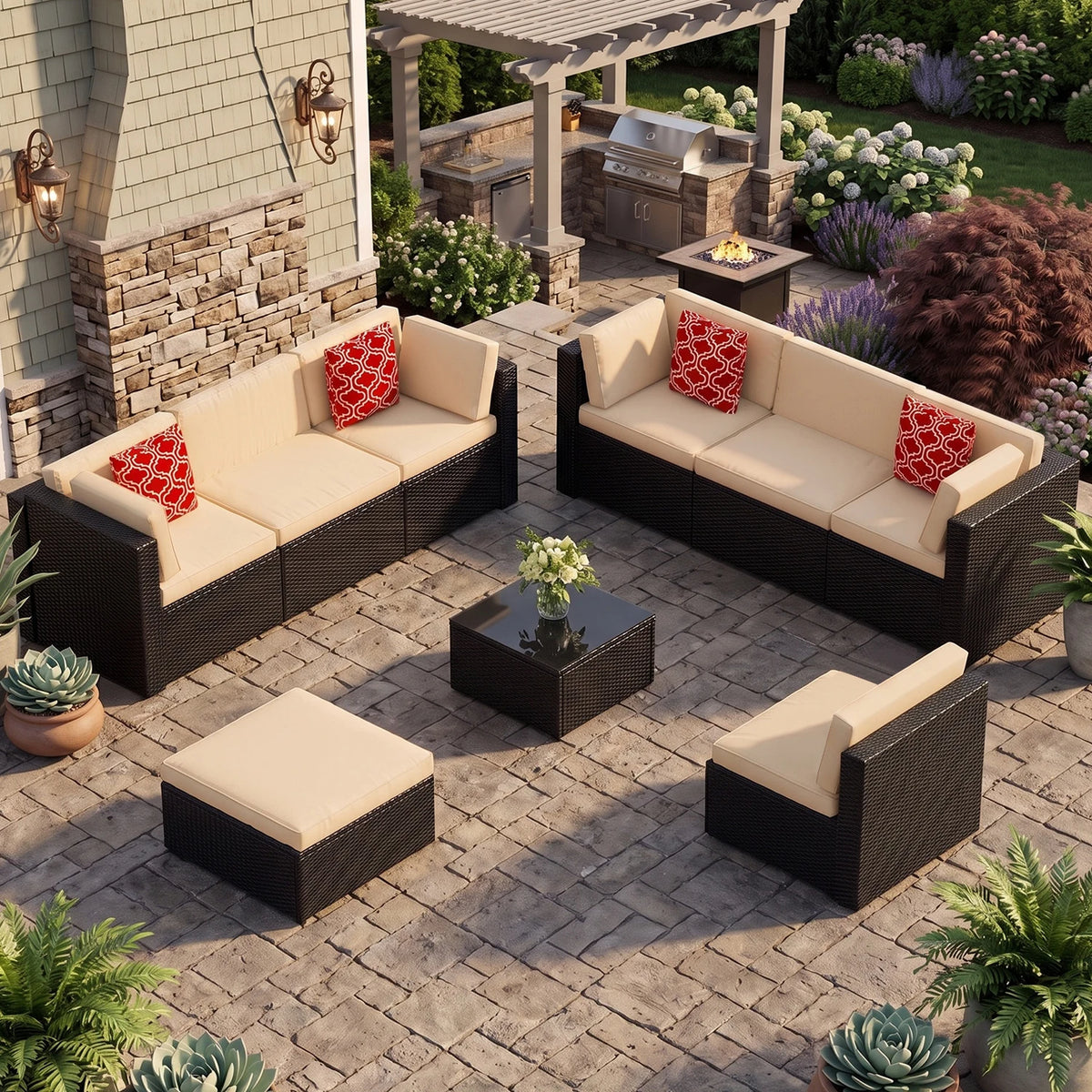 Avenvista Modular Wicker Patio Conversation Set With Cushions And Tables