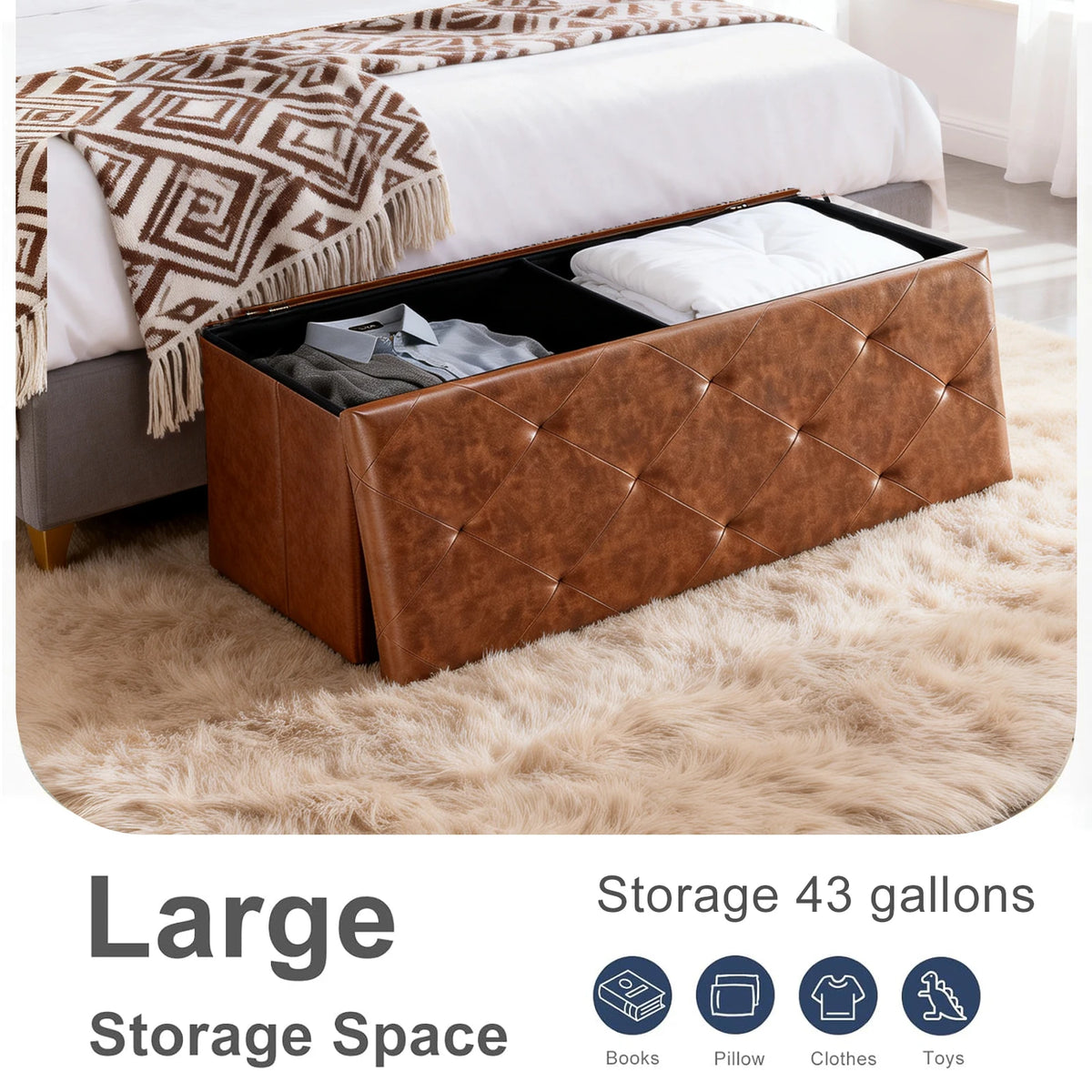 Sarenzon Tufted Faux Leather Foldable Storage Bench Ottoman