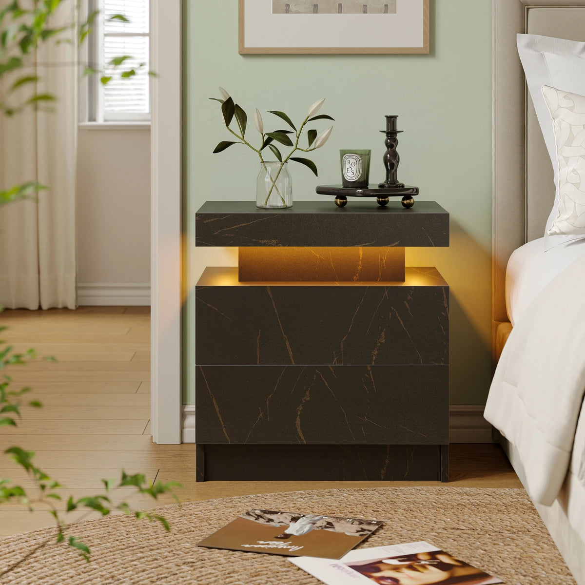 Cubehom LED Nightstand With Two Storage Drawers For Bedroom