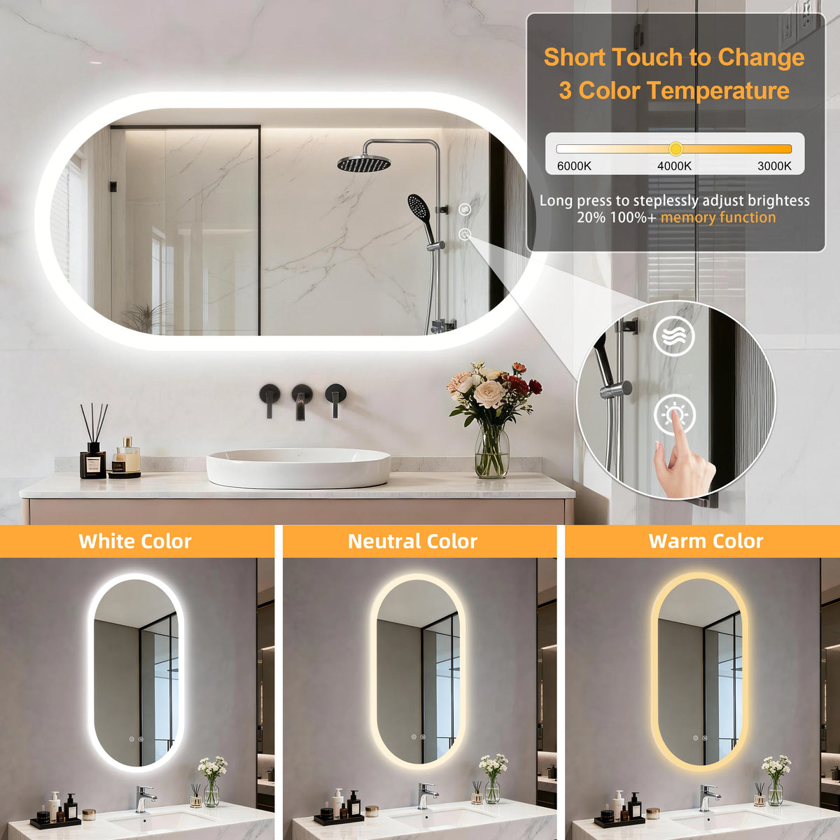 BORWART Oval LED Bathroom Mirror With Smart Anti Fog Dimming Lights