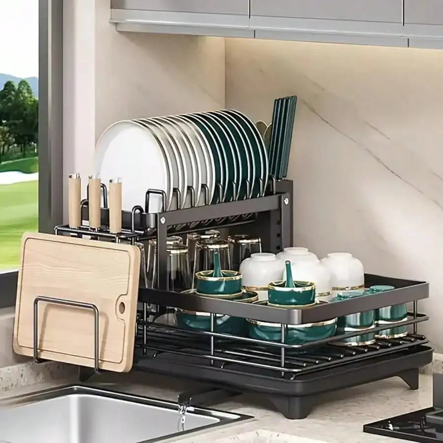 Double Tier Carbon Steel Cutlery Rack Kitchen Utensil Organizer