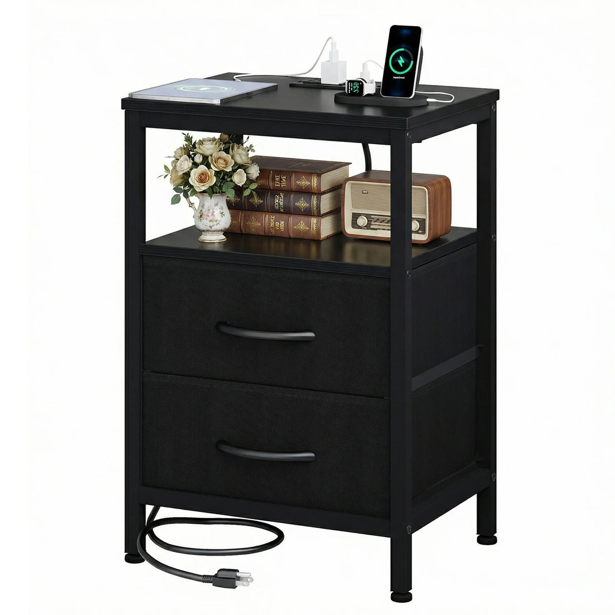 JHK Modern Night Stand With Fabric Drawers And USB Charging