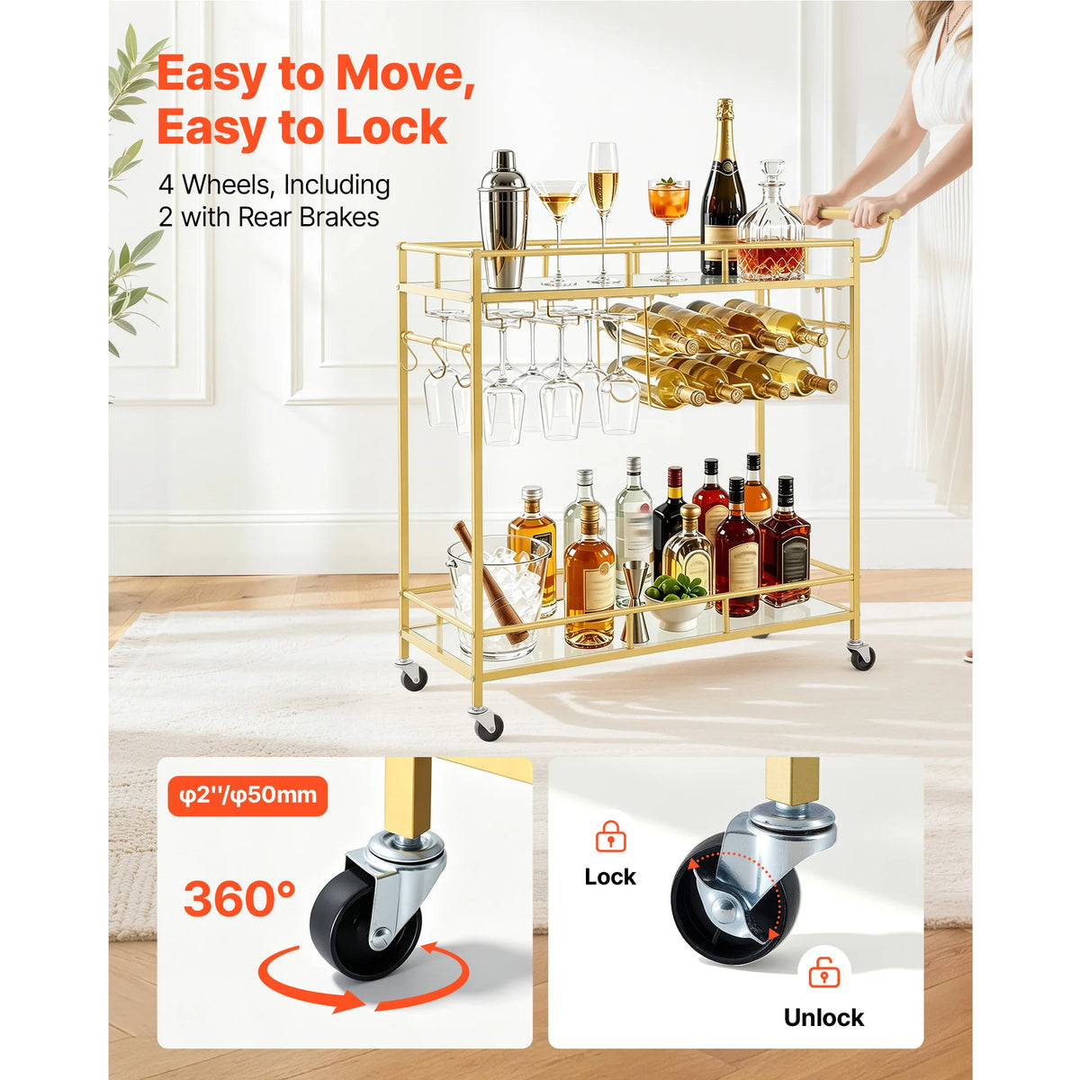 VEVOR Bar Cart 2/3 Tiers Serving Carts Modern Rolling Utility Station on Wheels Drink Beverage Trolley for Living Dining Room