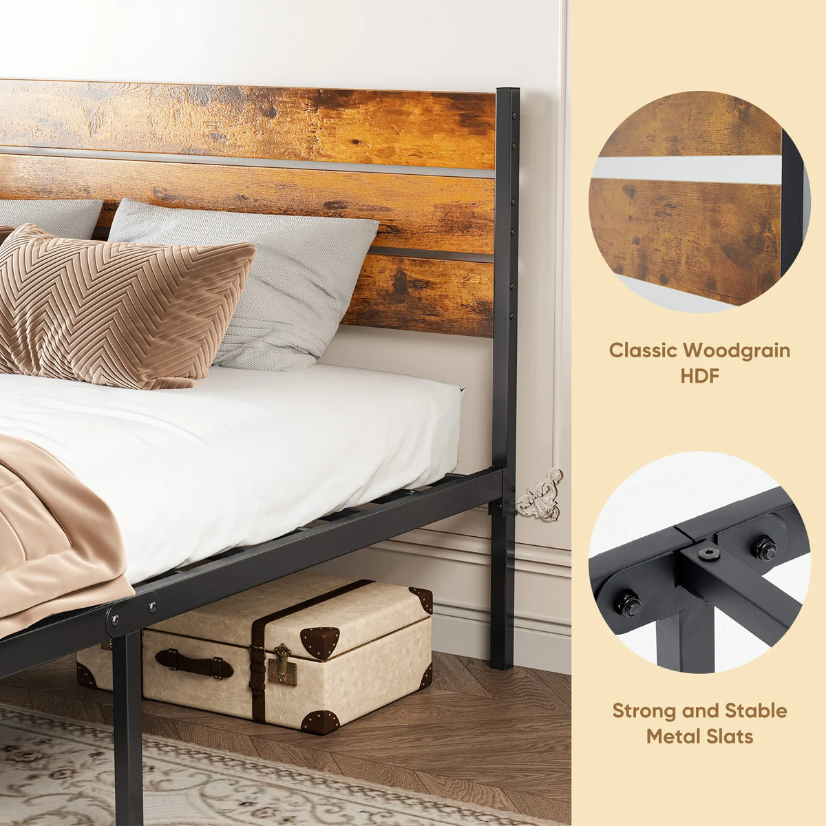MCQ Wooden Headboard And Metal Platform Bed Frame With Wooden Slats