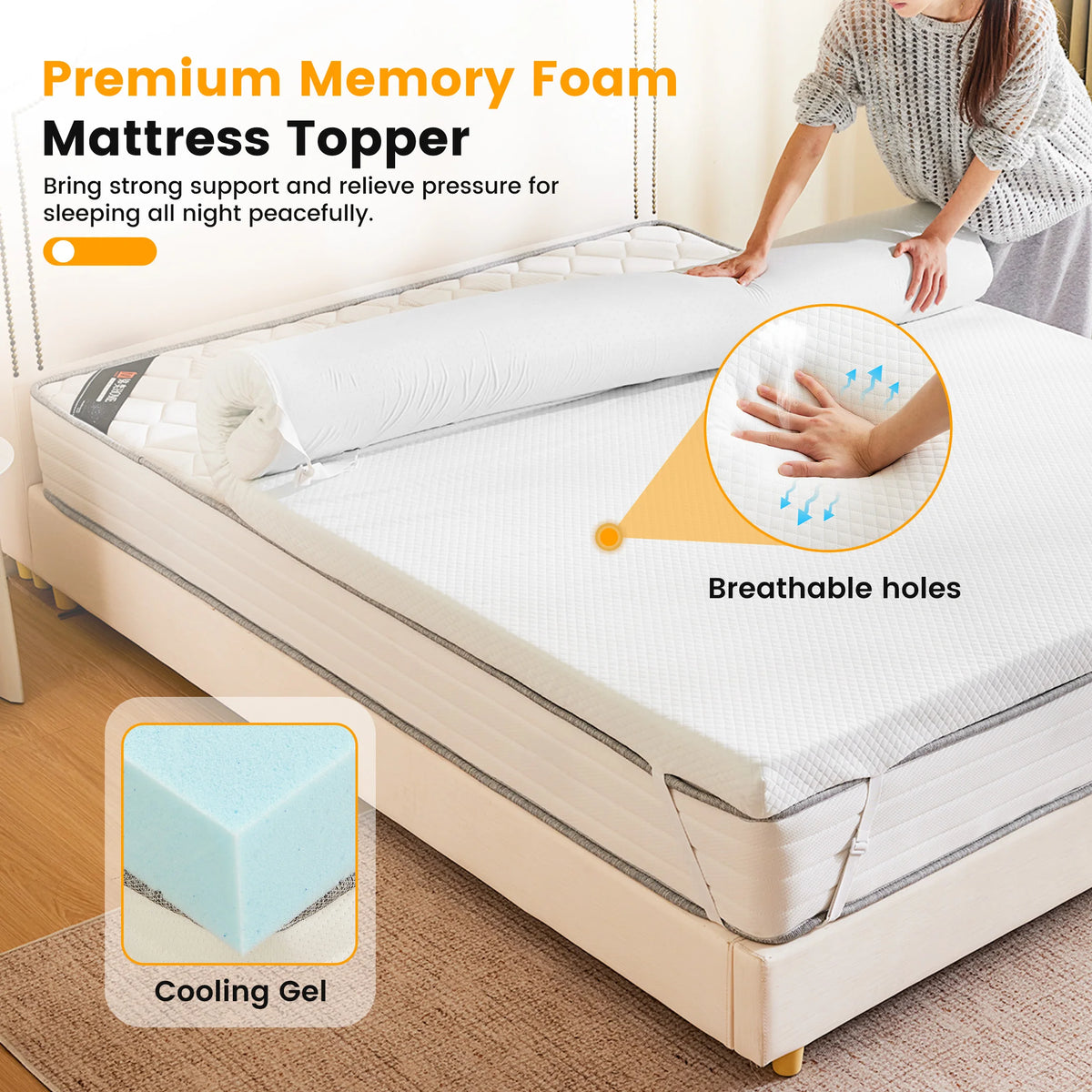 JHK Gel Memory Foam Mattress Topper With Removable Cooling Cover