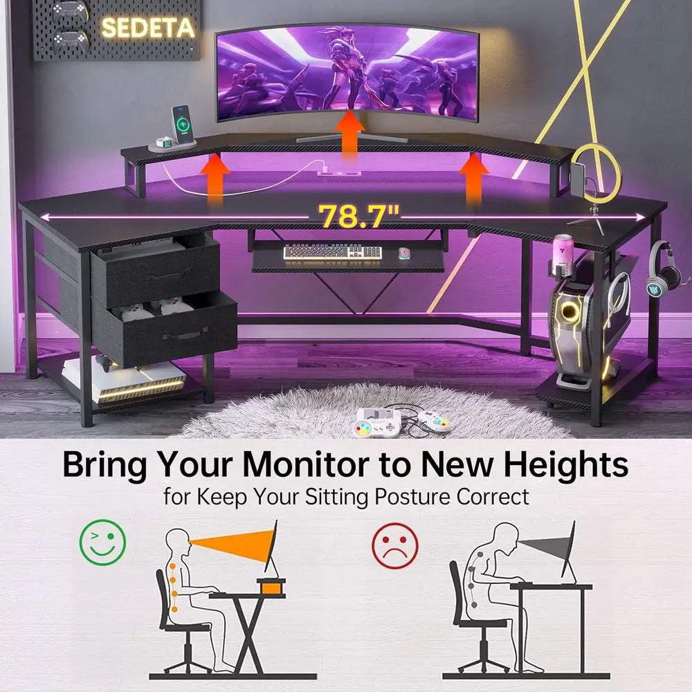 L Shaped Gaming Desk With Storage Shelves And LED Lighting