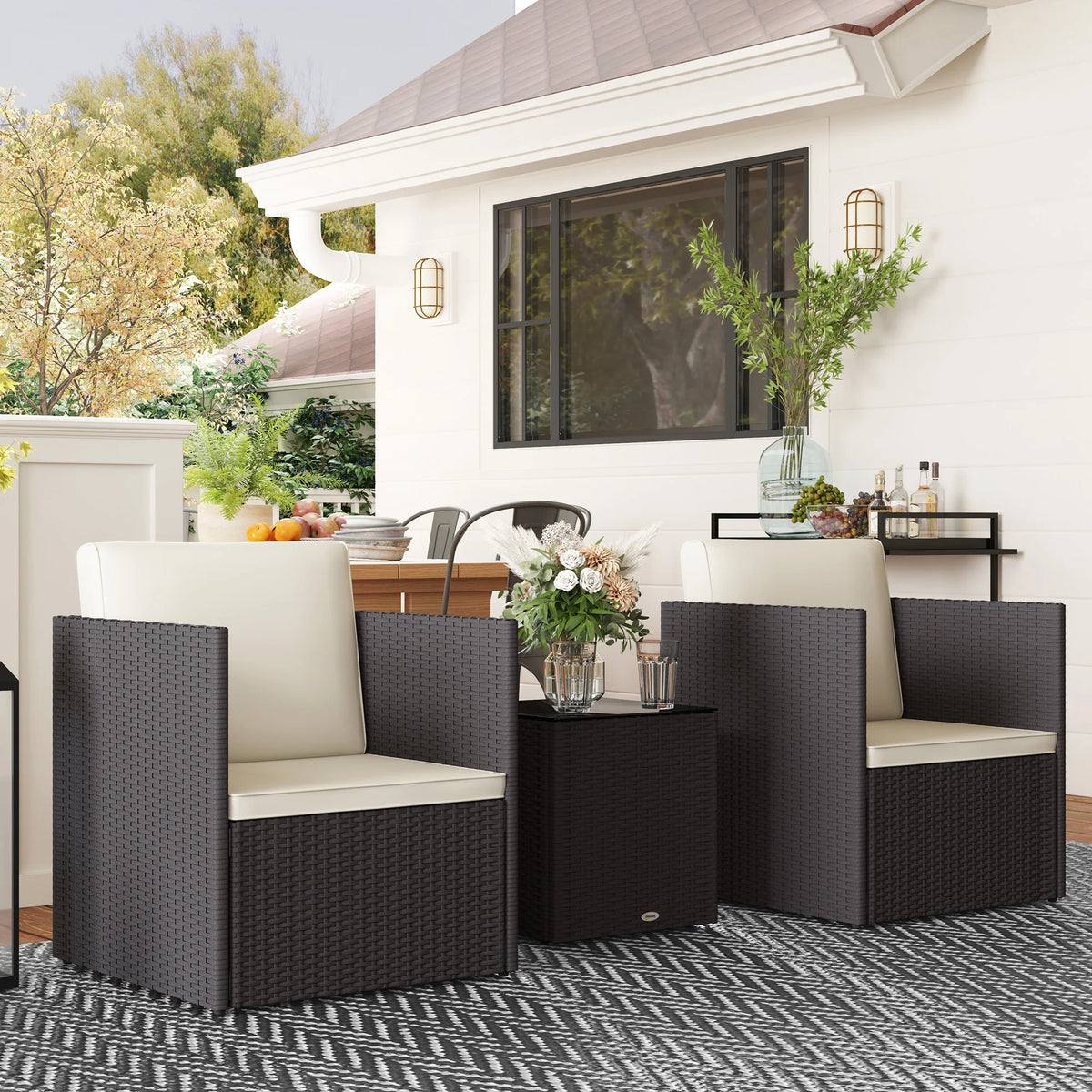 3 Piece Outsunny Folding Wicker Patio Bistro Furniture Set for Outdoor Use