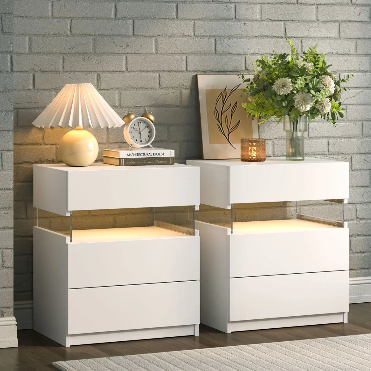 Cubehom Wooden Bedside Tables With Led Lighting And Drawers