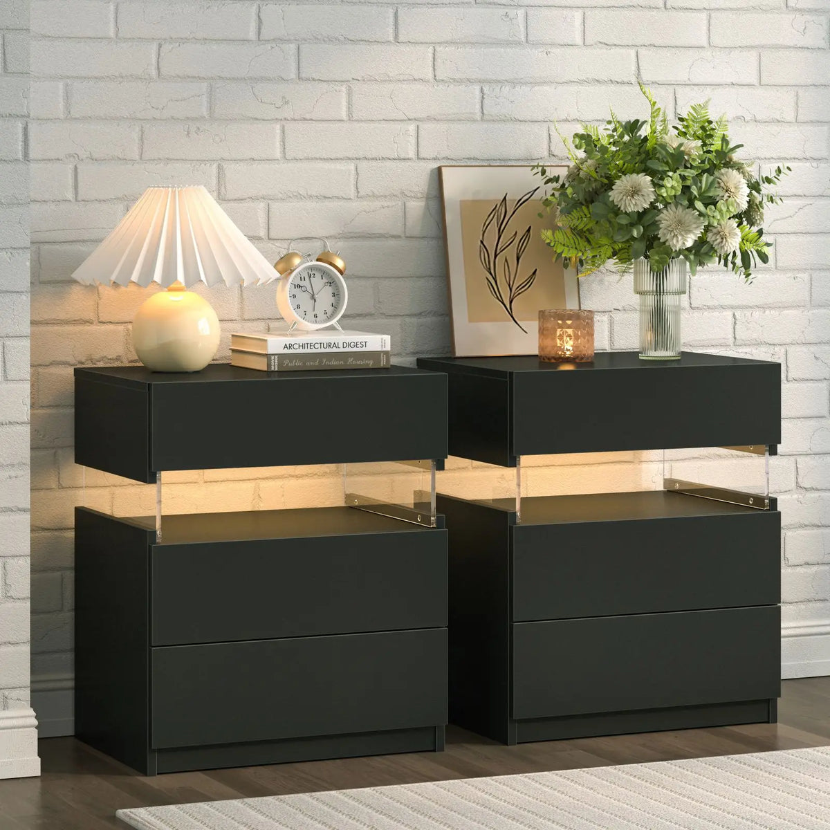 Cubehom Wooden Bedside Tables With Led Lighting And Drawers