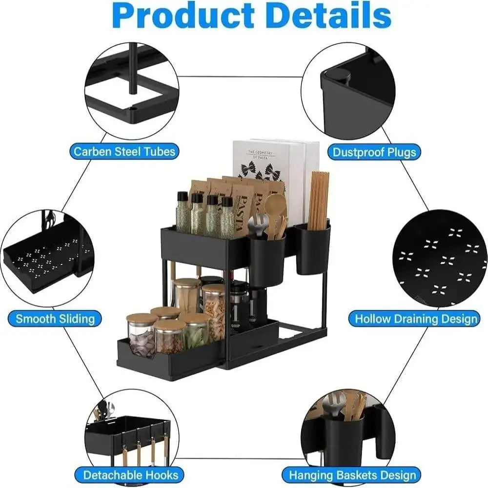Two Tier Sliding Under Sink Organizer With Hooks And Baskets