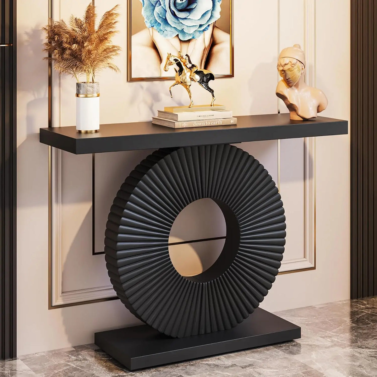 Modern Wood Console Table With Sculptural Geometric Base