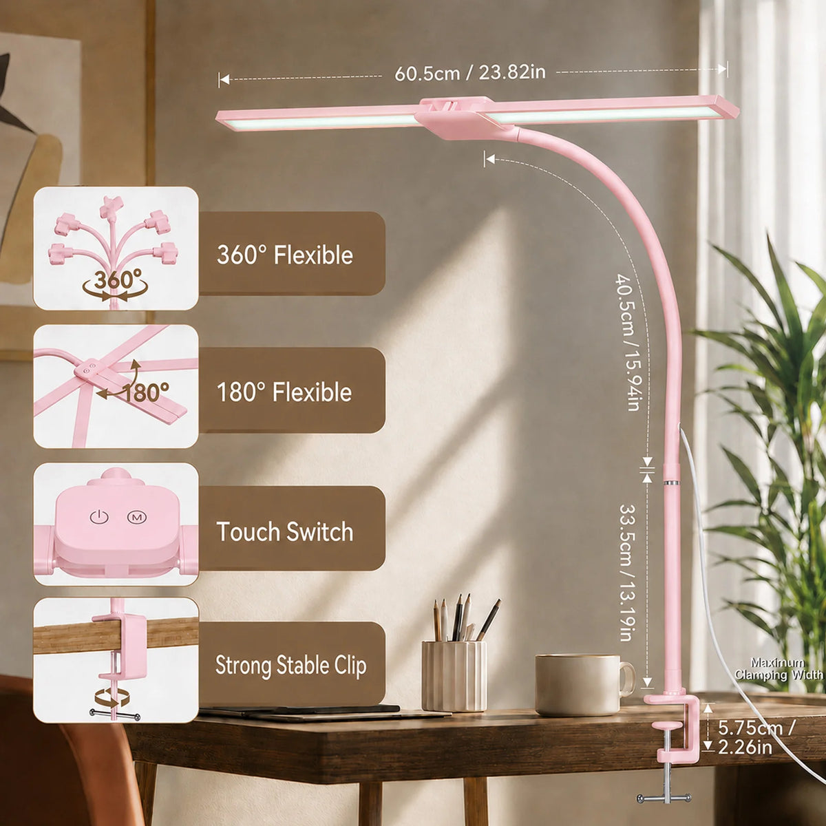 DUMILOO Double Head LED Desk Lamp With Clip And Dimming