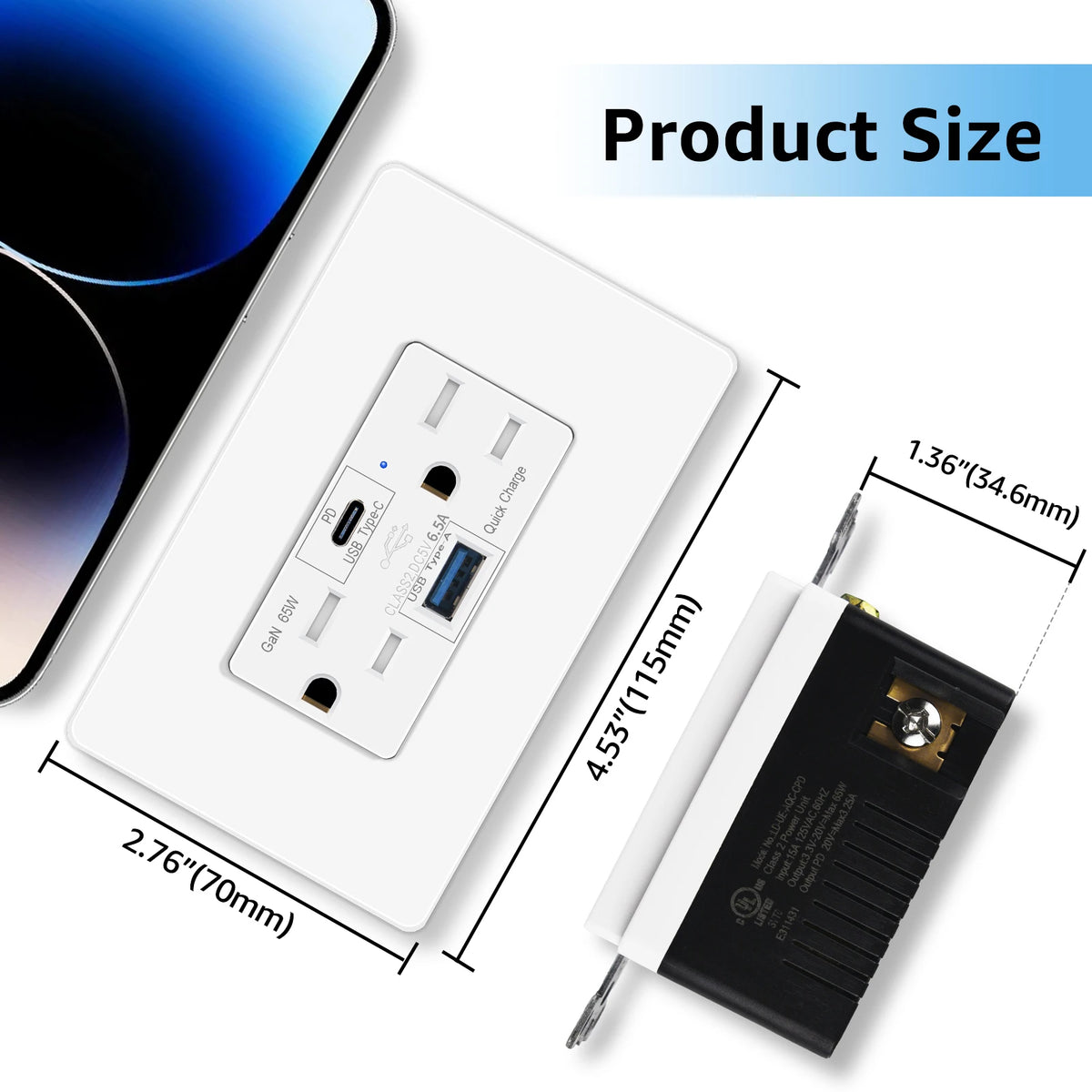 65W GaN USB C USB A Fast Charging Wall Outlet Receptacle
