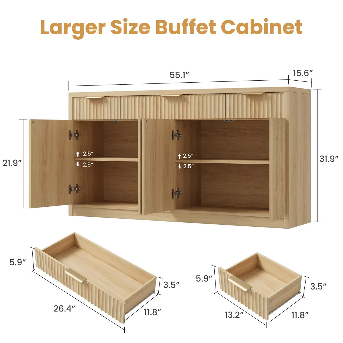 HiMISS Modern Fluted Buffet Sideboard Cabinet With Storage Shelves