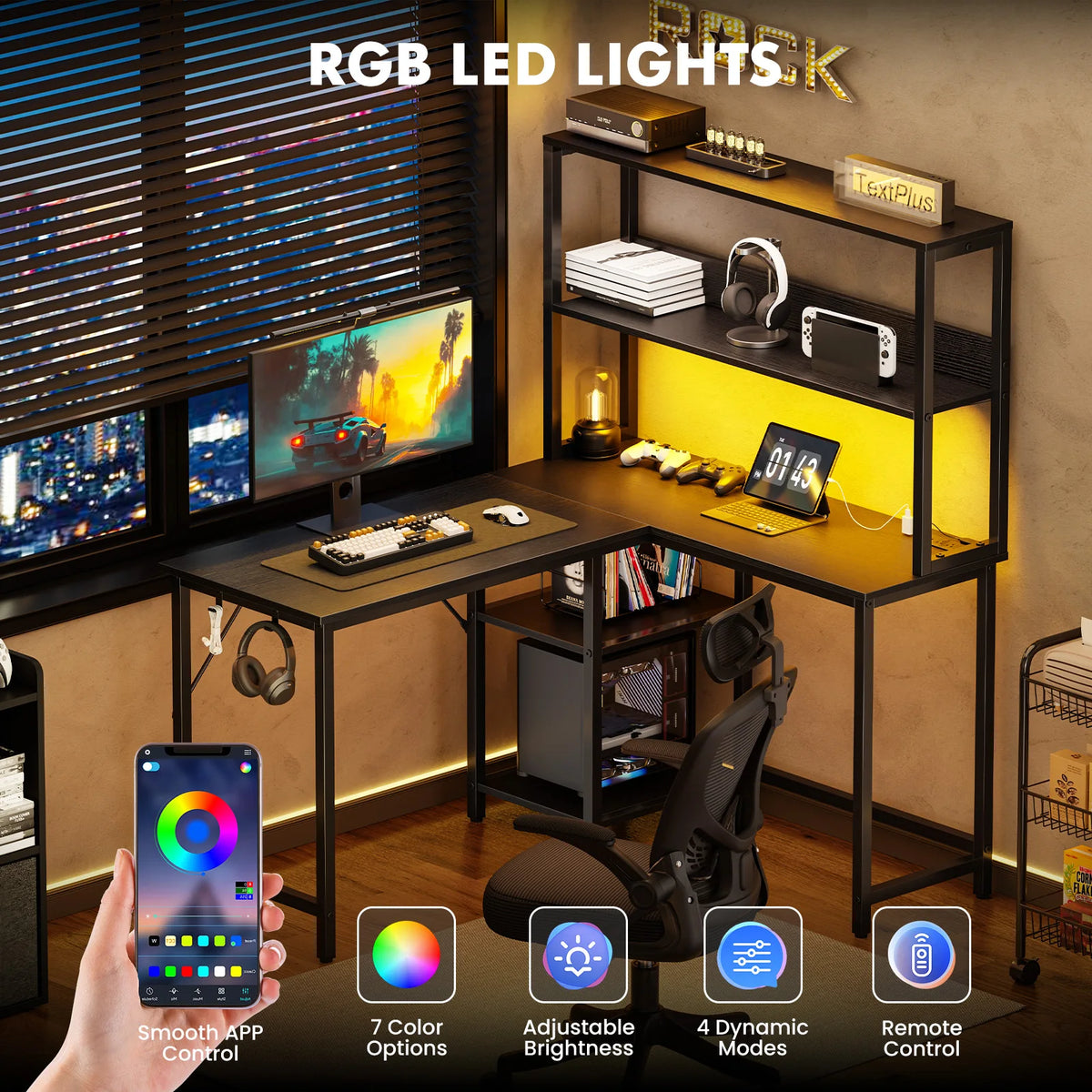 JHK L Shaped Gaming Desk With Led Lights And Usb Port