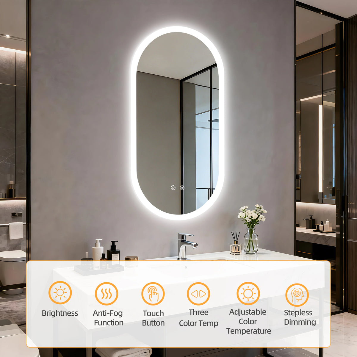 BORWART Oval LED Bathroom Mirror With Smart Anti Fog Dimming Lights