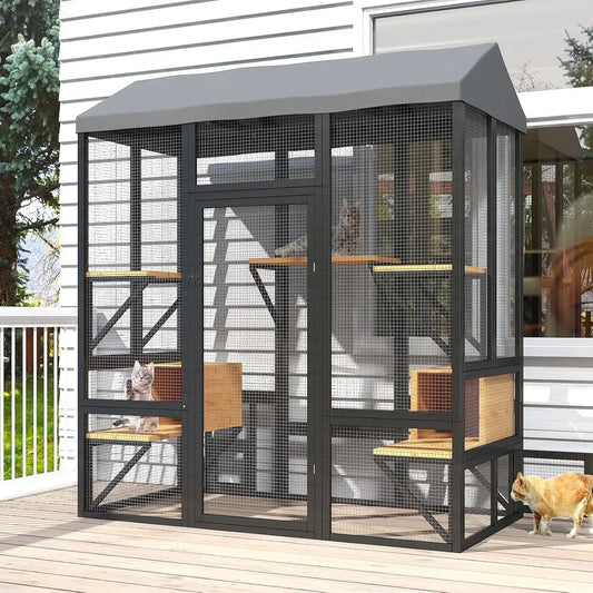 Cat Catio, Black Catio Outdoor Cat Enclosure, Large Cats House or Mulitiple Cats Walk in with Waterproo Cover and Sunshine Roo,