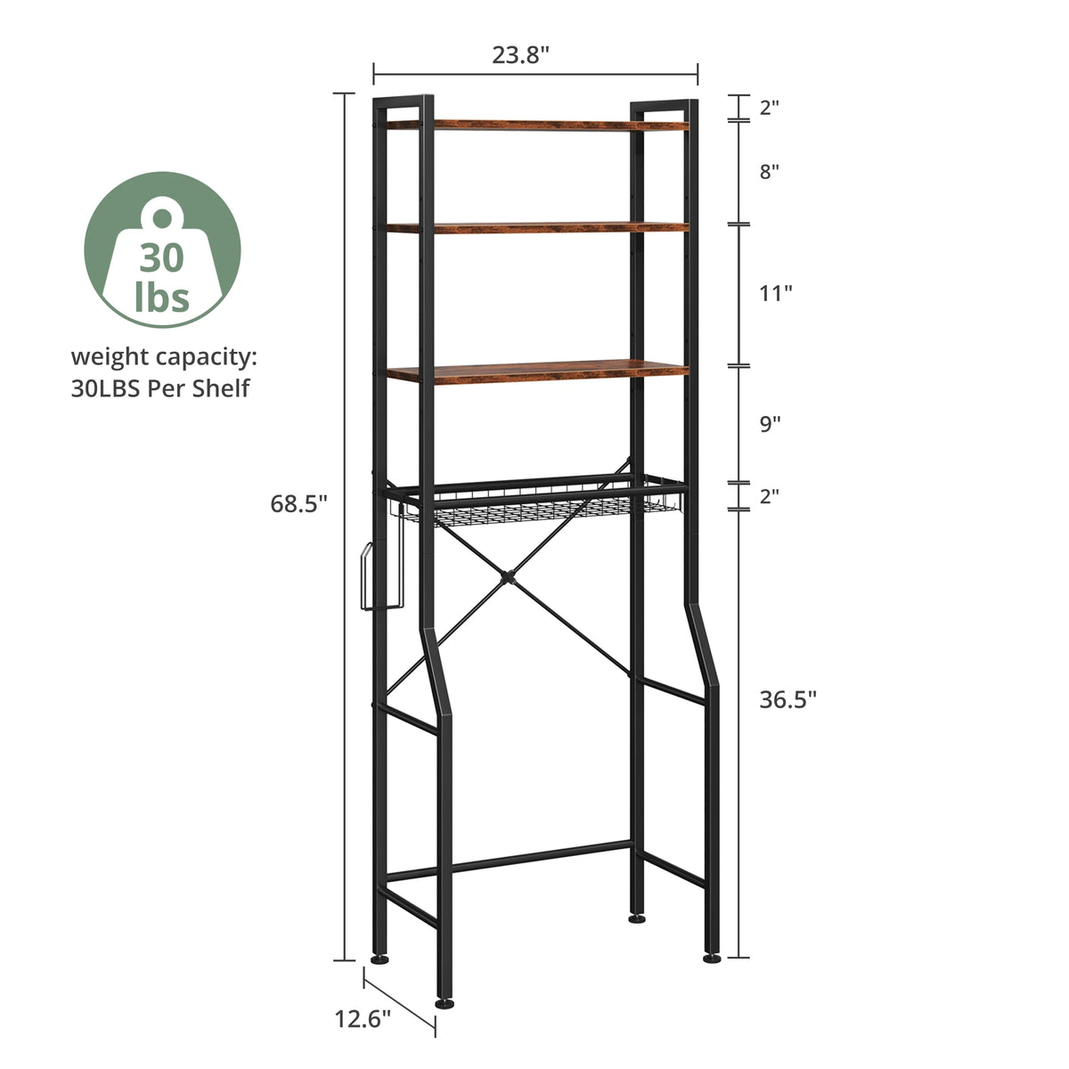 JHK Over Toilet Storage Rack With Adjustable Shelves And Hooks