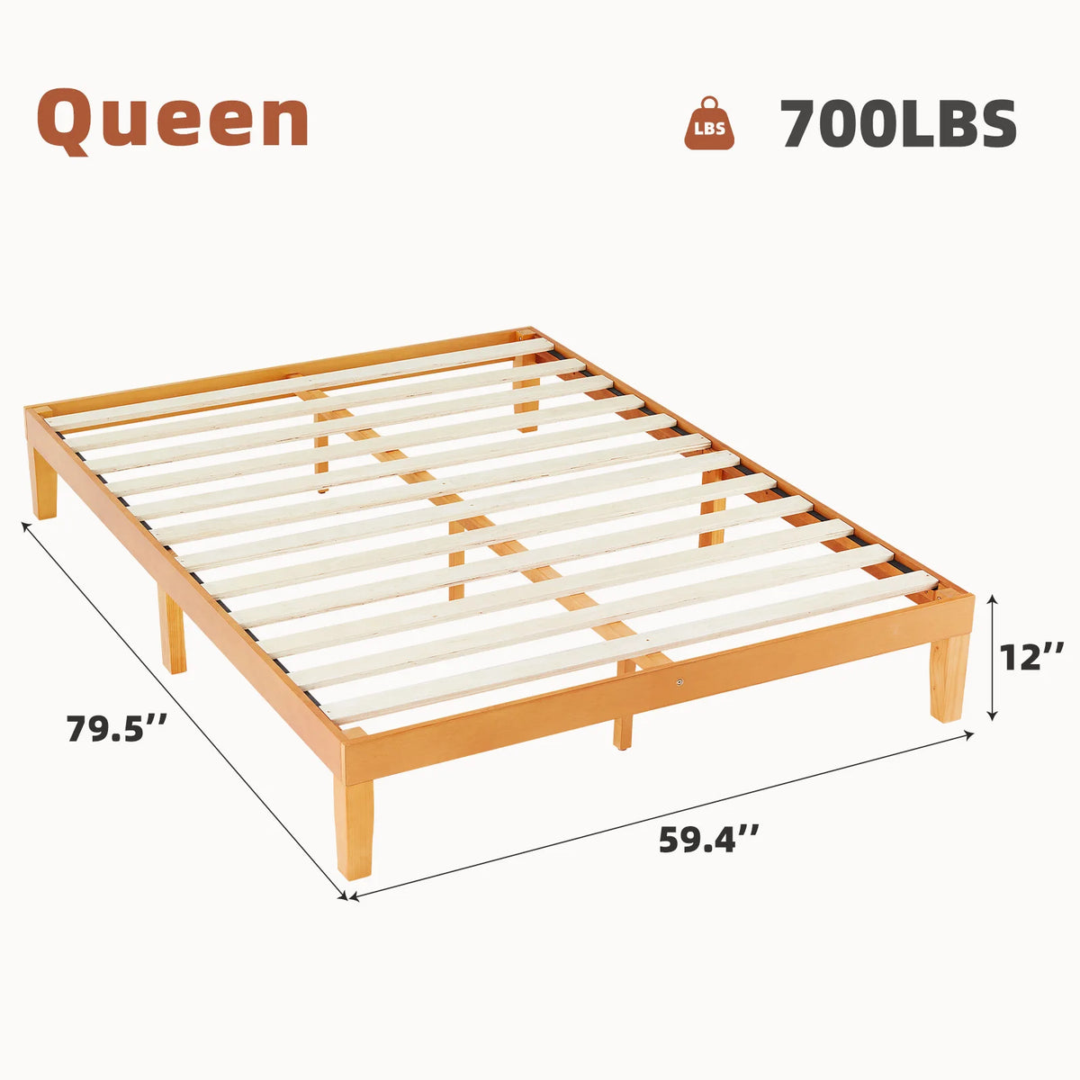 JHK Solid Wood Bed Frame Featuring Sturdy Slat Support System