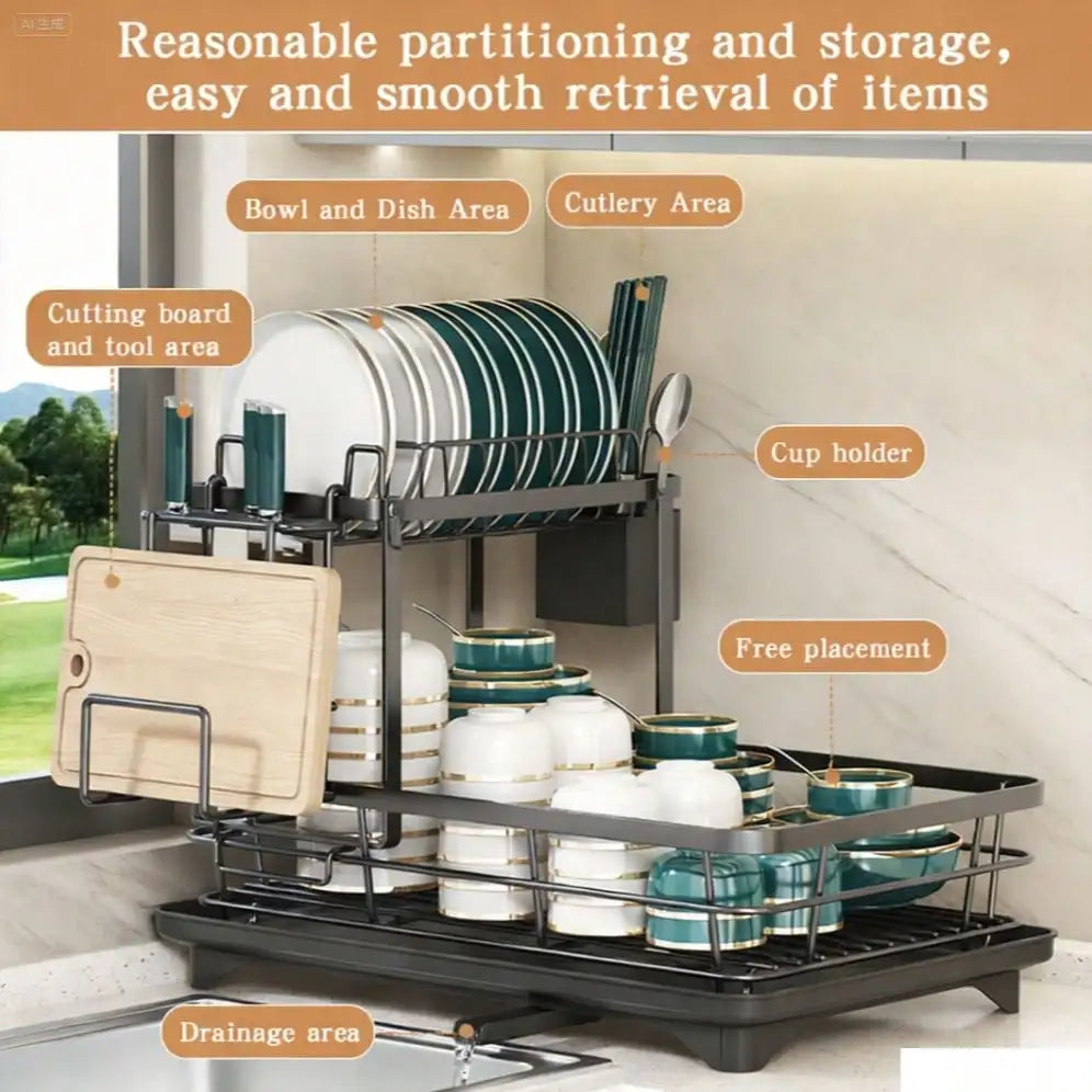 Double Tier Carbon Steel Cutlery Rack Kitchen Utensil Organizer