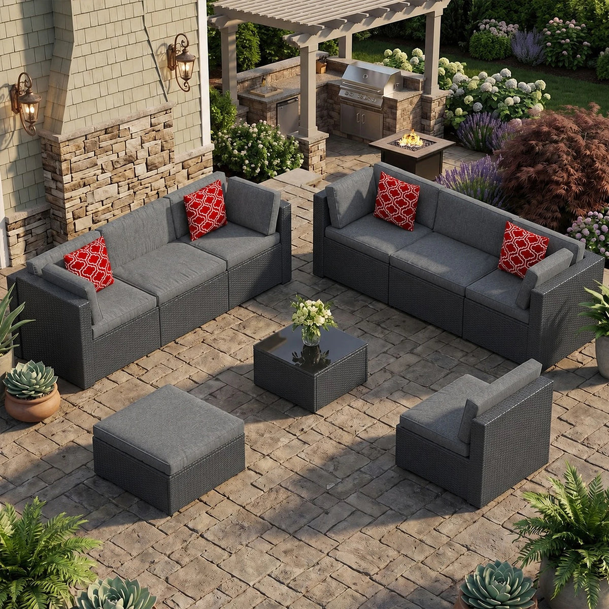 Avenvista Modular Wicker Patio Conversation Set With Cushions And Tables