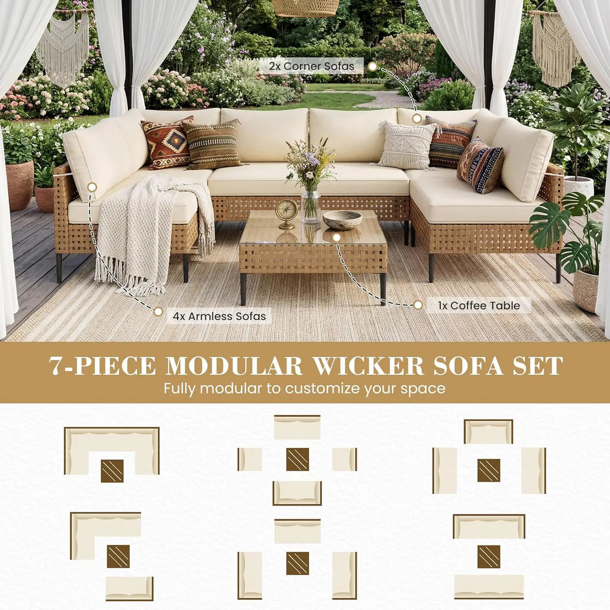 Modern Bamboo Outdoor Patio Furniture Modular Sectional Sofa