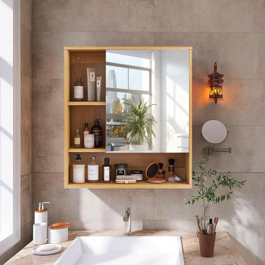 Wisfor Bathroom Cabinet With Mirror Bamboo Wall Medicine Storage Shelves