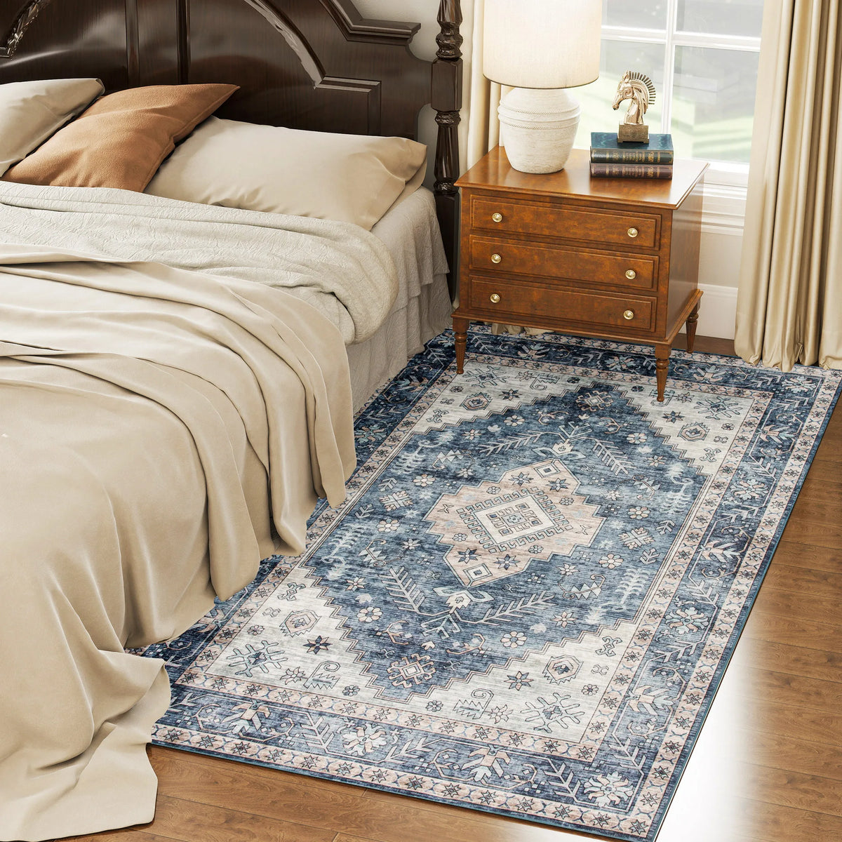 Machine Washable Vintage Oriental Medallion Area Rug Polyester