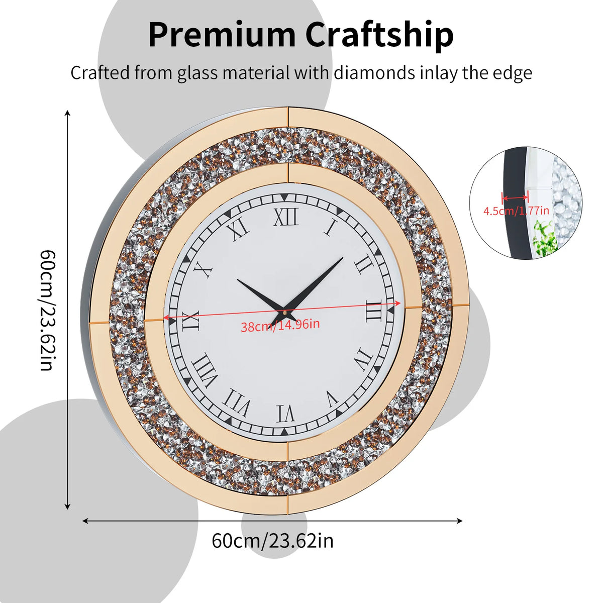 Elegant Round Mirror Wall Clock Featuring Sparkle Crystal Design