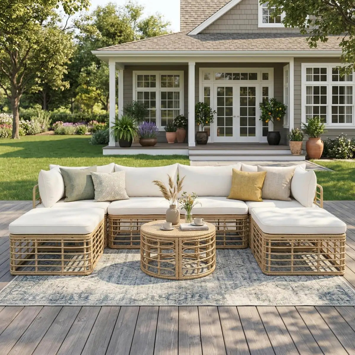 Outdoor Rattan Patio Sectional Sofa Set With Cushions And Pillows