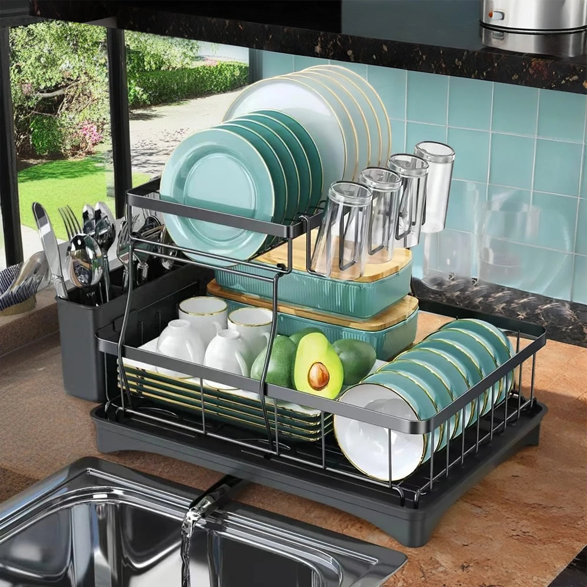 Kitchen Dish Drainer Rack With Drip Tray And Utensil Holder