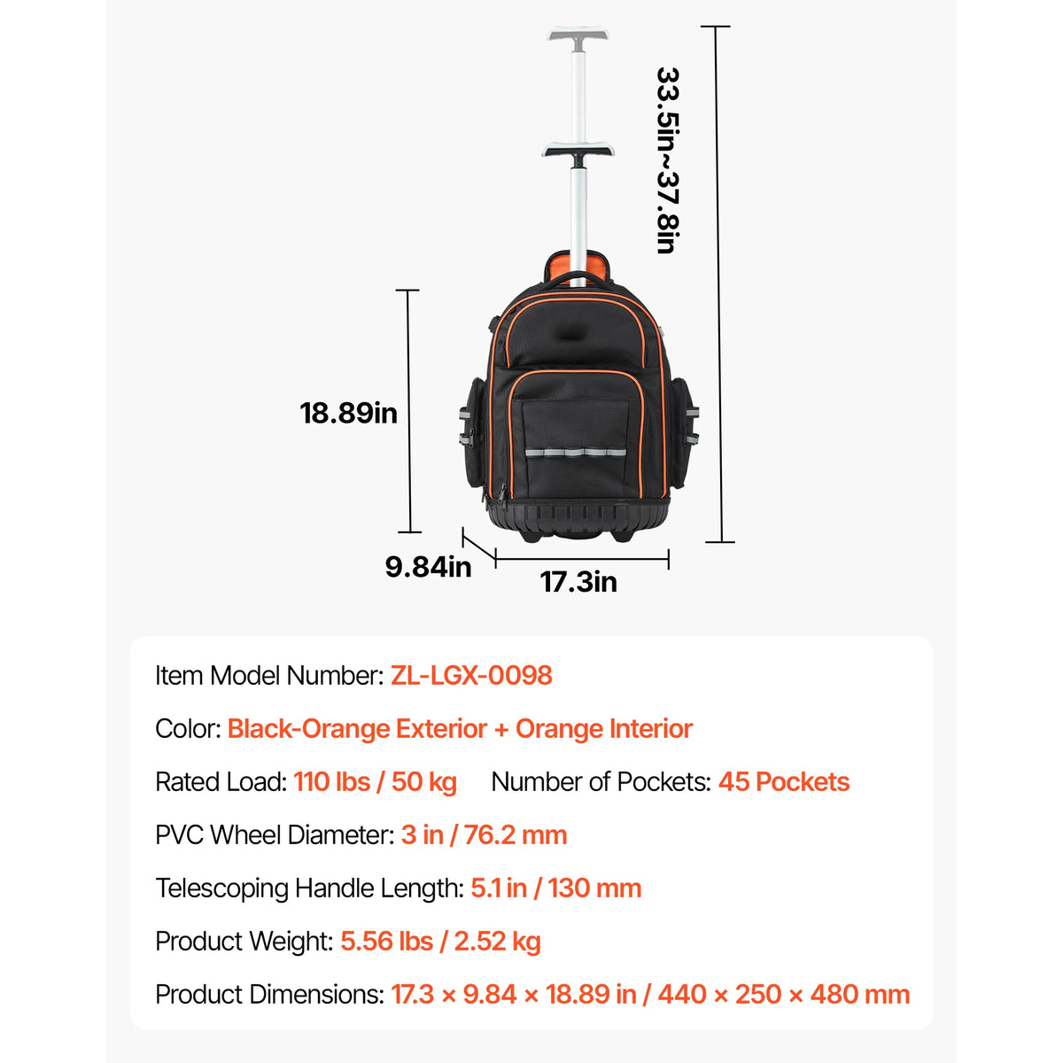 SucceBuy Heavy Duty Rolling Tool Backpack With Pockets for Mechanics