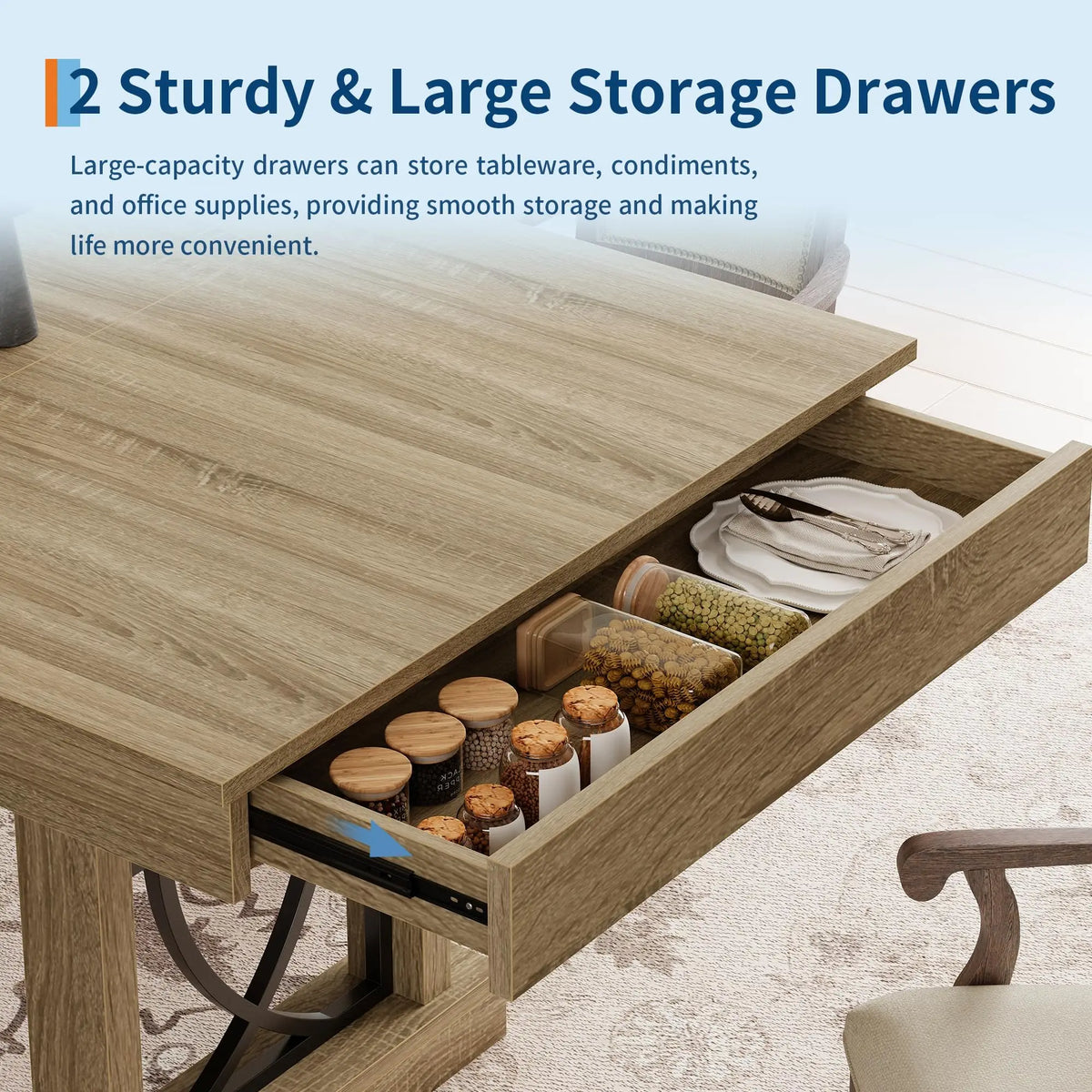 HobbyLane Wooden Dining Table With Two Practical Storage Drawers Included