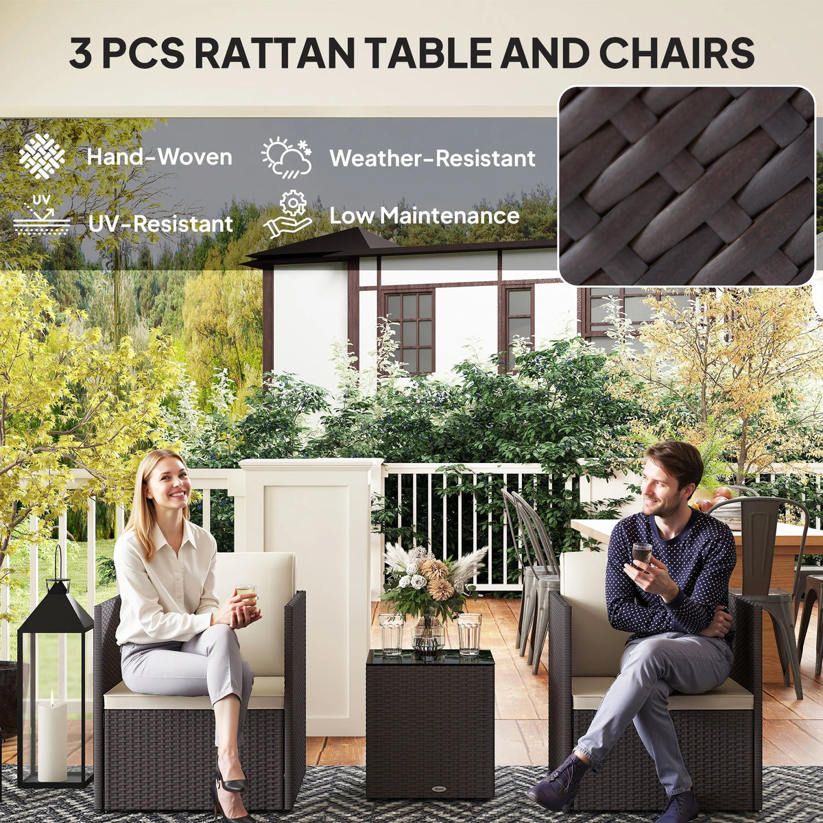 3 Piece Outsunny Folding Wicker Patio Bistro Furniture Set for Outdoor Use
