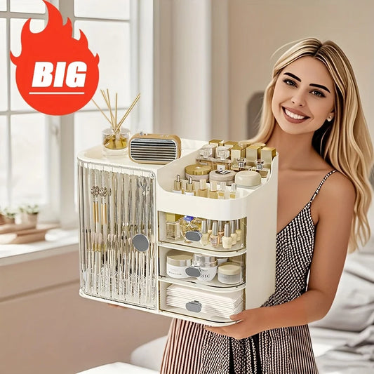 Freestanding Plastic Makeup Organizer With Mirror And Three Drawers