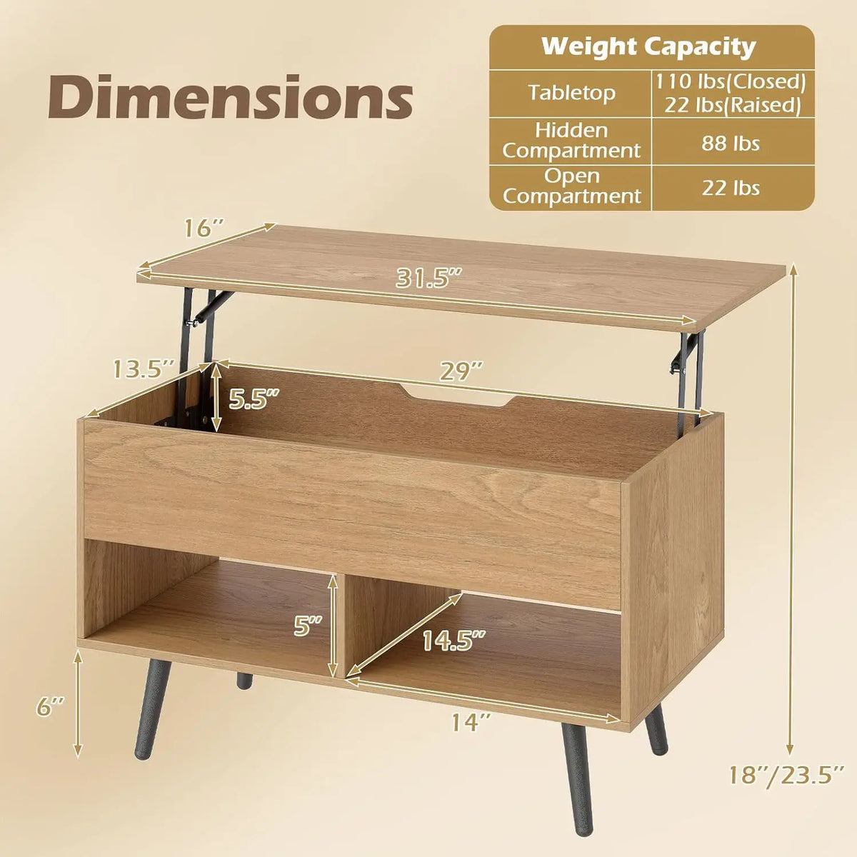 Desk Lift Top Coffee Table Featuring Hidden Compartment And Shelves