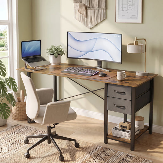 MCQ 47 Inch Standing Office Computer Desk with Drawers and Side Hook Ergonomic Gaming Desk With Storage X‑Frame Stability For Home Office Small Space