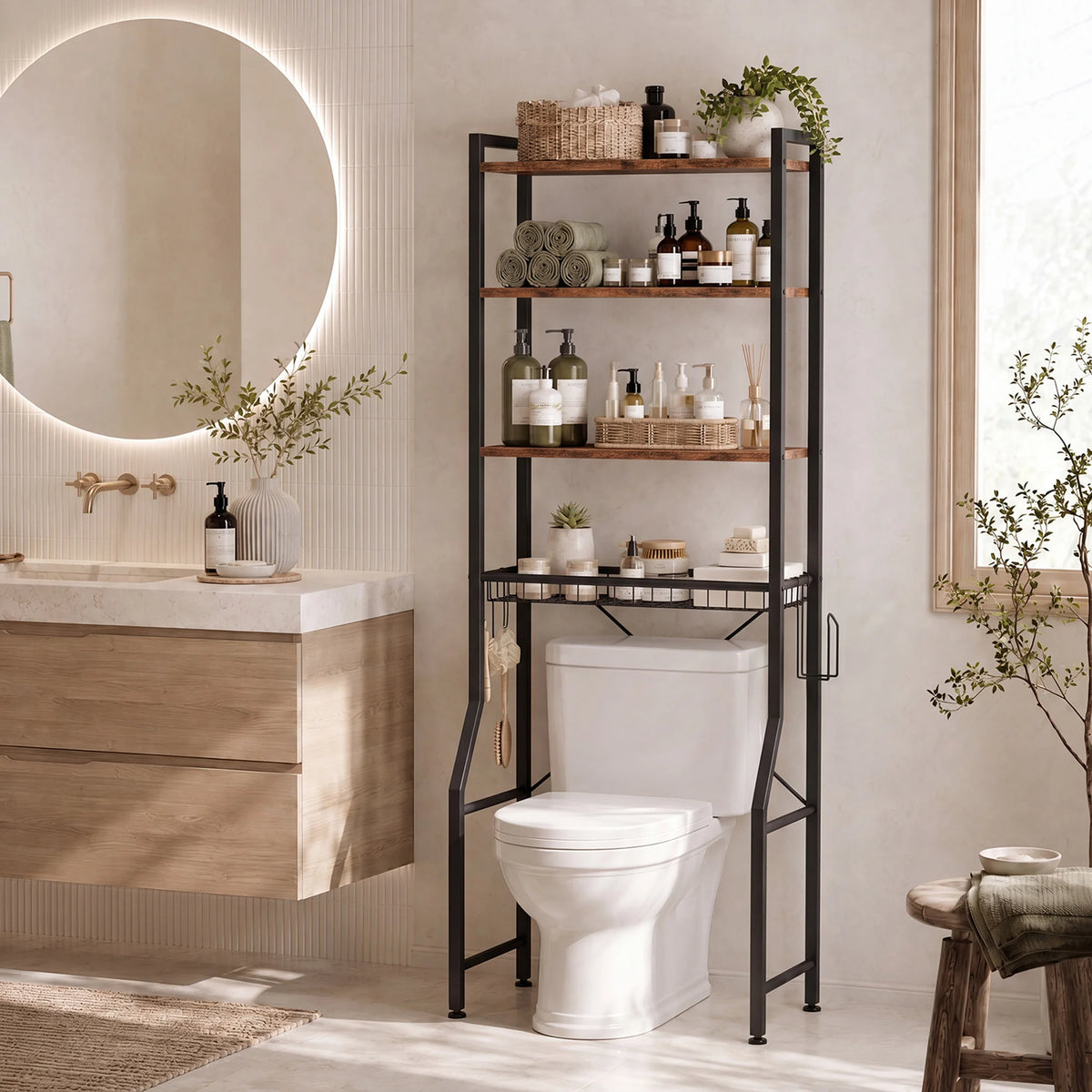 JHK Over Toilet Storage Rack With Adjustable Shelves And Hooks