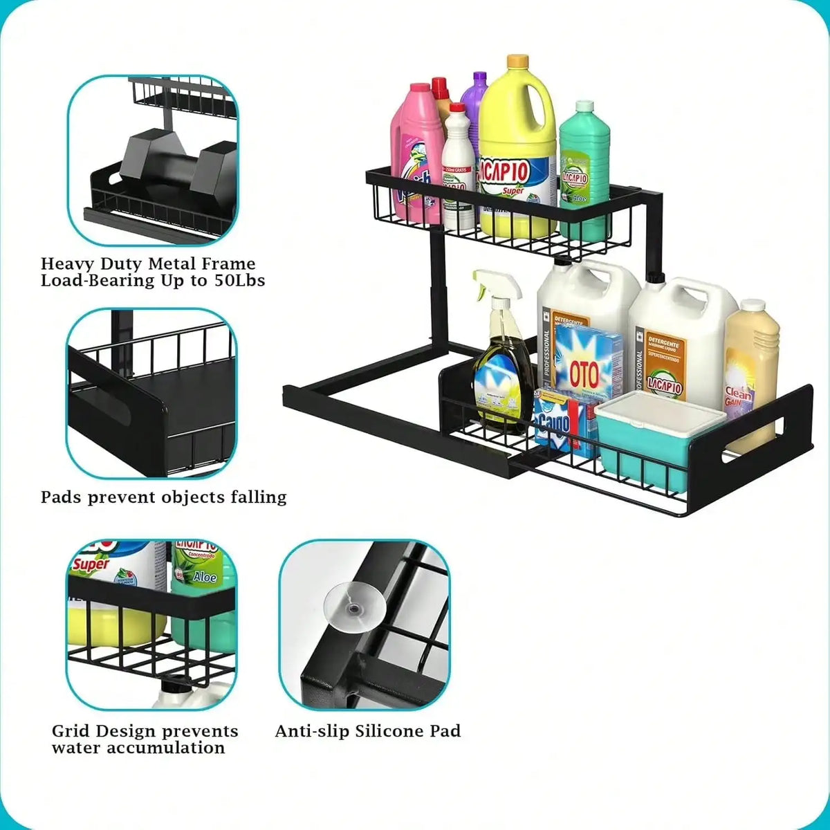 Waterproof Under Sink Organizer With Slide Out Storage Shelf